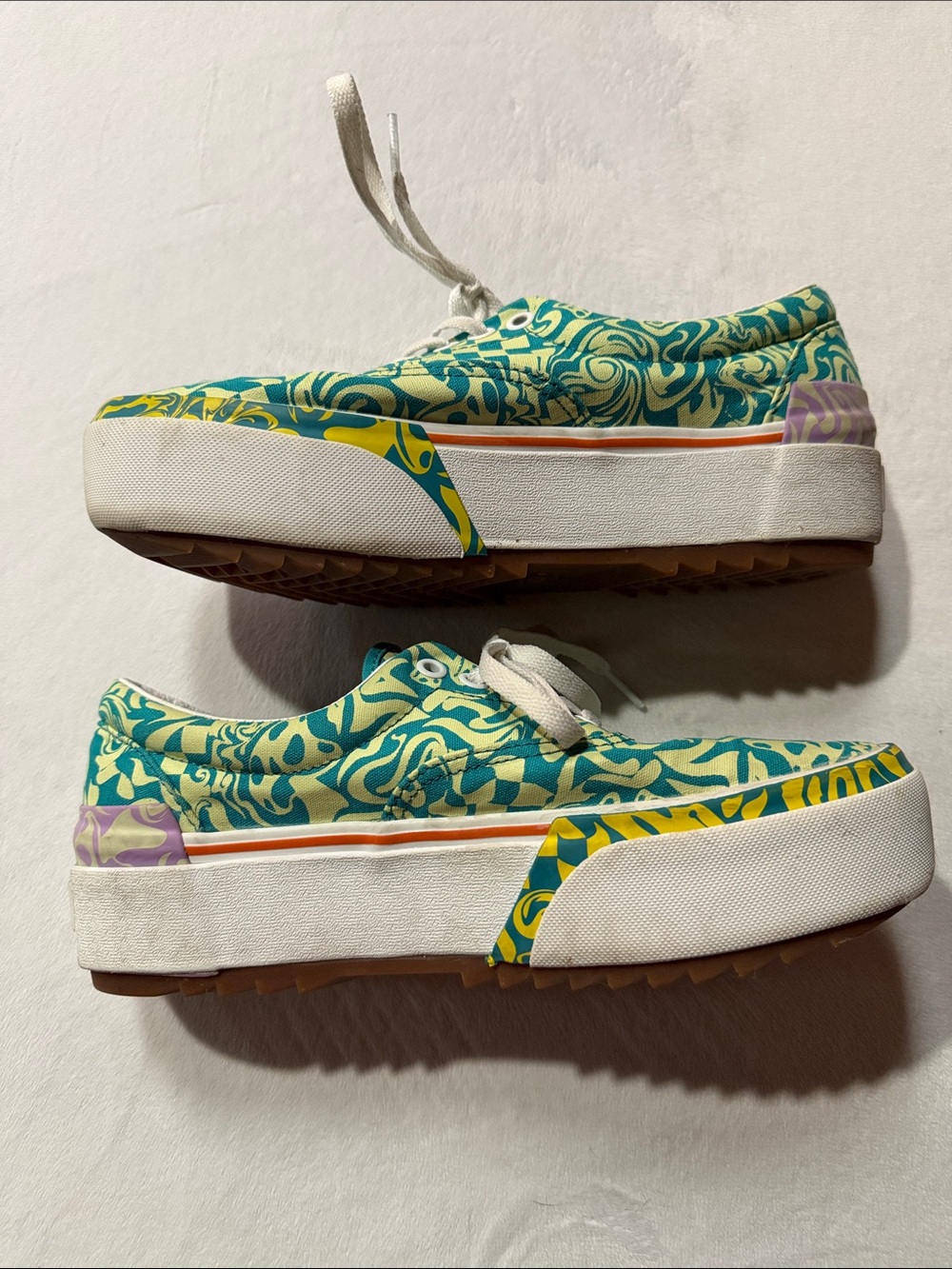 Vans Women's Teal and Cream Floral Checker Platform Sneakers - Picture 4 of 7